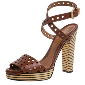 Fendi Brown Perforated Ankle Strap Platform Sandals US 9.5 Striped Heel